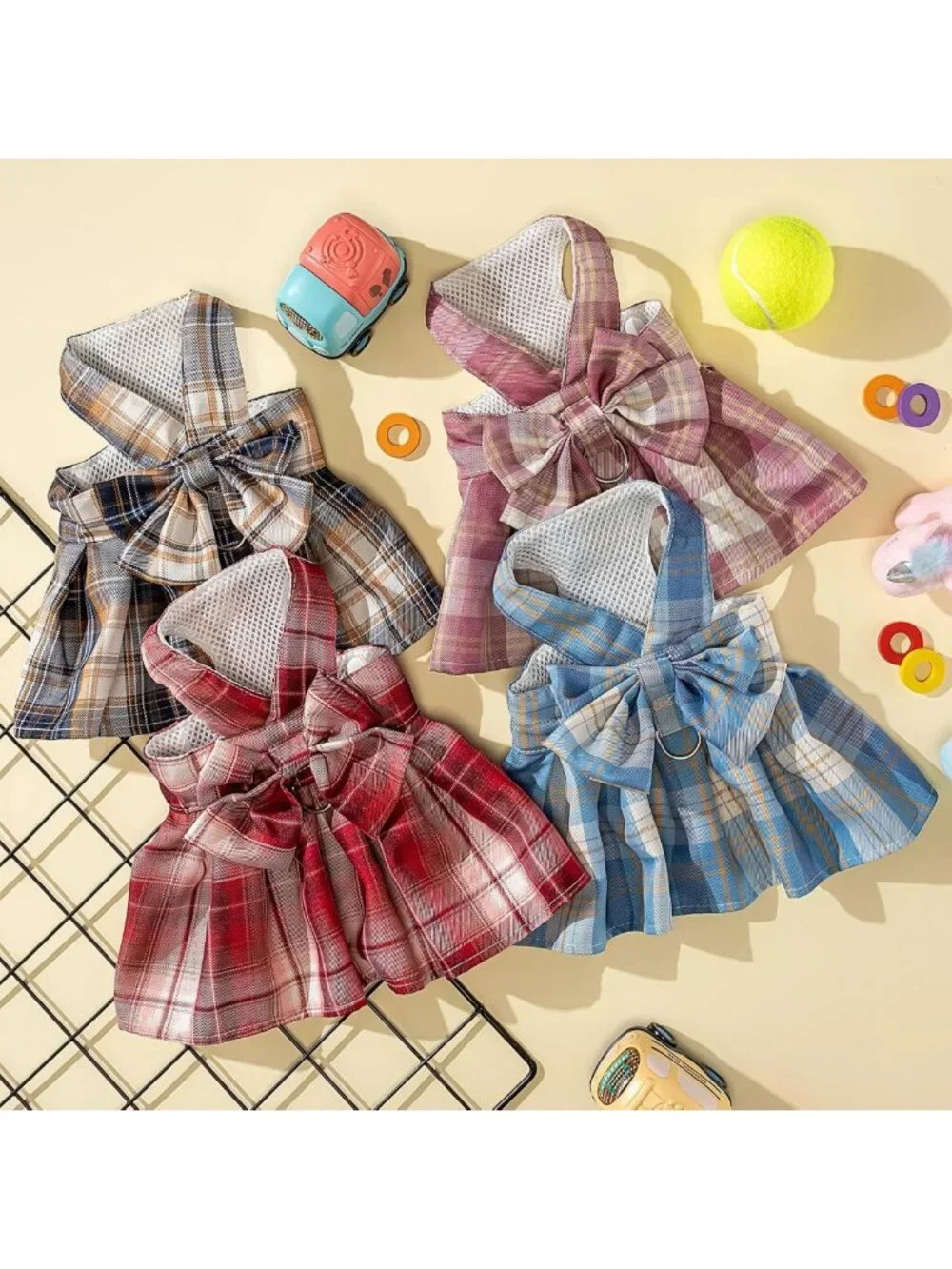 Stylish Plaid Dog Dresses with Bow, 4-Piece Set, Harness & Leashes, Large, Dark